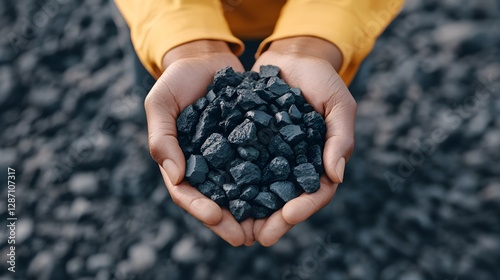 Hands holding black coal pieces on blurred coal pile background. Natural fossil fuel resource. Mining industry and energy production concept with copy space