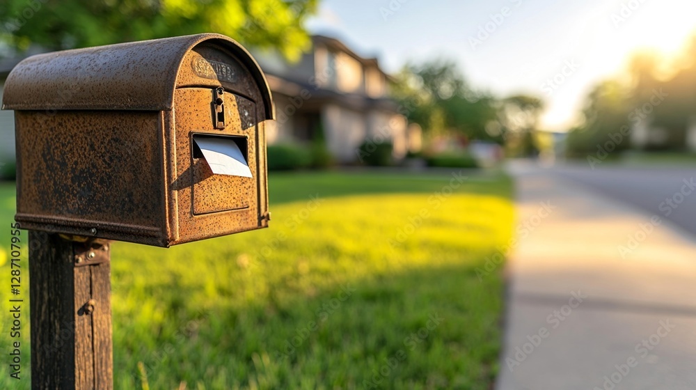 Rusty Mailbox with Letter in the Suburban Neighborhood. Generative AI Rusty Mailbox with Letter in the Suburban Neighborhood. Generative AI