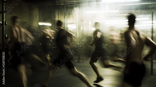A high-intensity interval training HIIT session in a gym with participants jumping running and lifting weights. photo