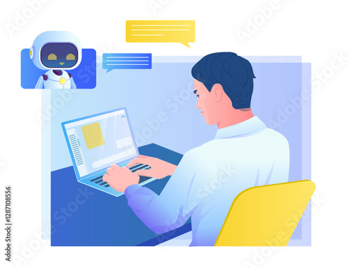 Man chatting with AI assistant. Vector illustration