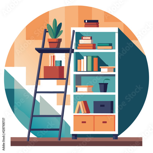 Furniture Ladder Shelf Vector Illustration – Clipart, Cartoon, and Line Art Design, Vector illustration of a furniture ladder shelf in clipart, cartoon, and line art styles.