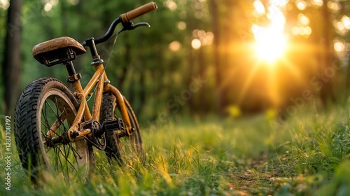 A Rusty Childhood Bicycle Abandoned in a Green Field at Sunset. Generative AI photo