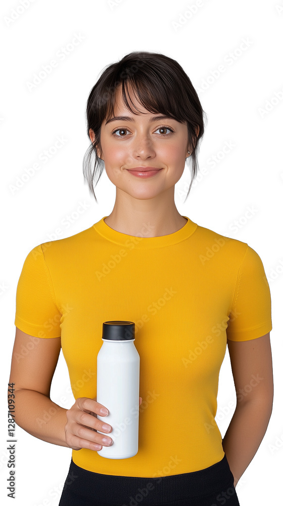 Smiling young woman holding water bottle in yellow shirt on transparent background, active and healthy lifestyle Smiling young woman holding water bottle in yellow shirt on transparent background, active and healthy lifestyle