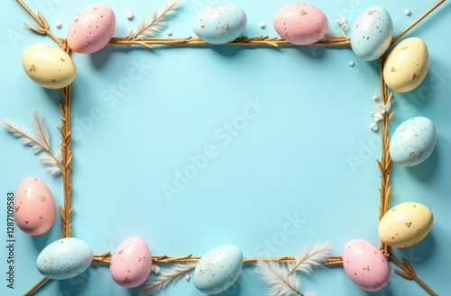 Easter Spring Background Blue, Gold Frame with Copy Space, Flowers and Easter Eggs, post card
