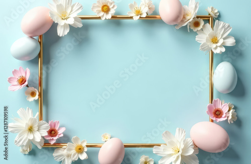 Easter Spring Background Blue, Gold Frame with Copy Space, Flowers and Easter Eggs, post card