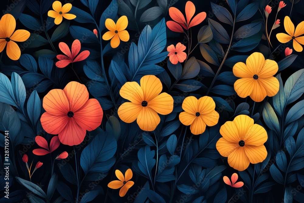 custom made wallpaper toronto digitalVibrant Floral Pattern Featuring Orange and Yellow Flowers Against a Dark Blue Background with Intricate Leaf Details in Modern Design