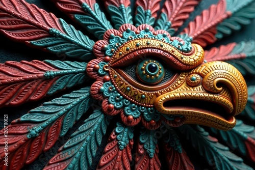 Intricately carved Mayan feather headdress ornament texture, pattern, nature