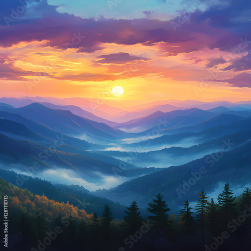 A stunning sunset illuminates the blue Ridge Mountains, with vibrant colors painting the sky and mist rolling through valleys after valley, in illustration style.