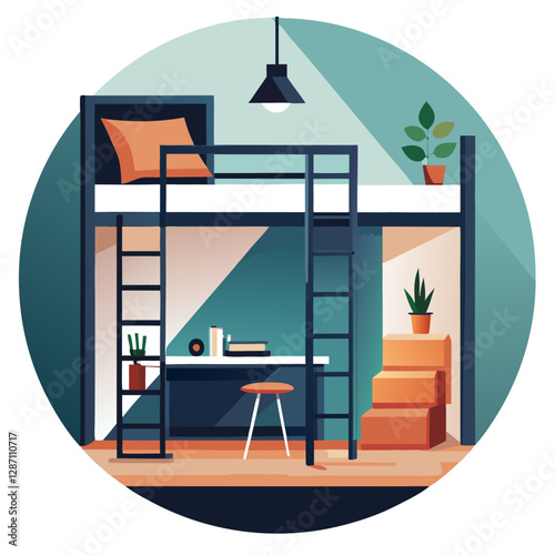 "Loft Bed Vector Illustration - White Background Clipart & Line Art Design", "Stylish loft bed vector illustration perfect for digital products and graphic designs."