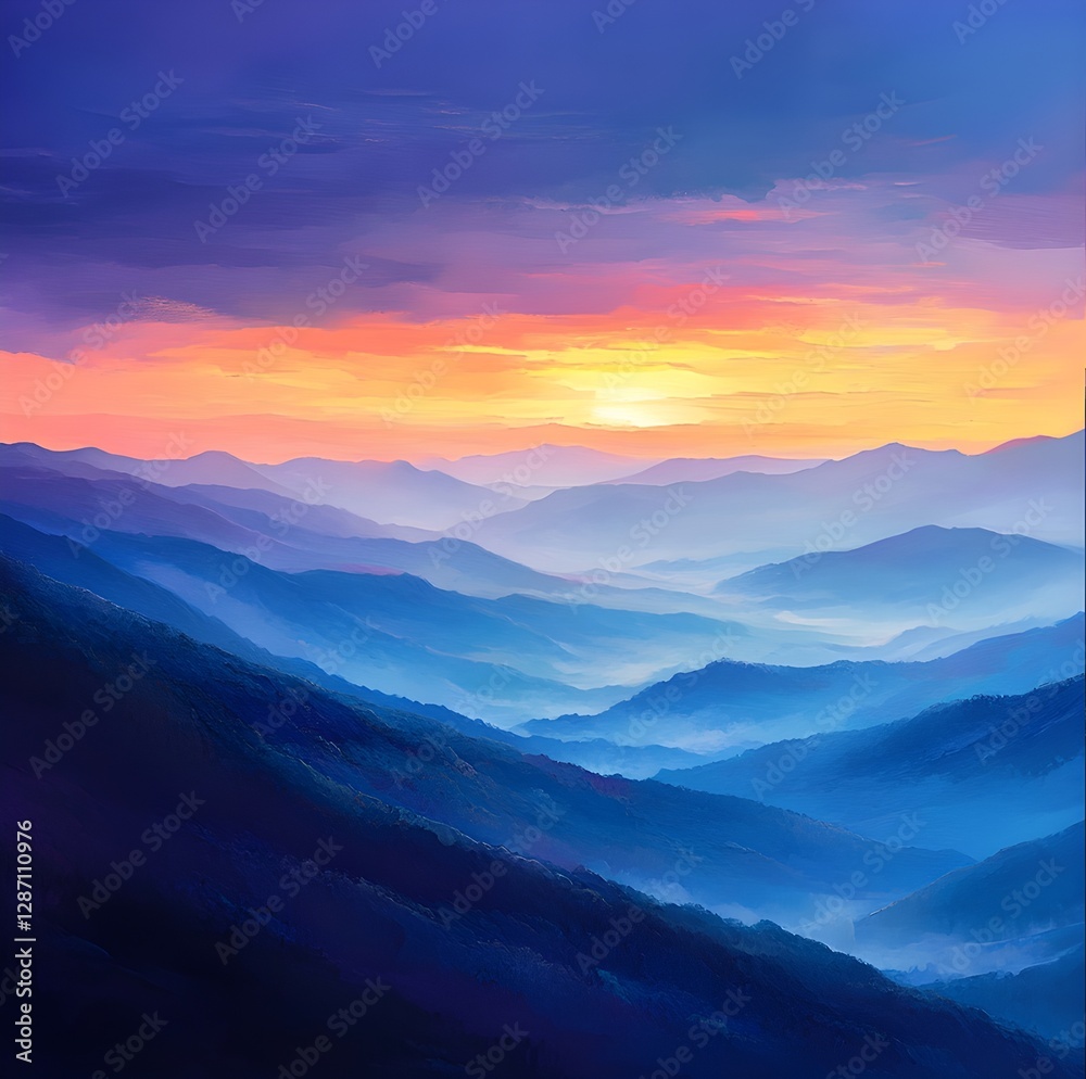 Fototapeta premium An illustration style depiction of a breathtaking sunset over the Blue Ridge Mountains, with vibrant colors painting the sky and mist rolling through valley after valley.