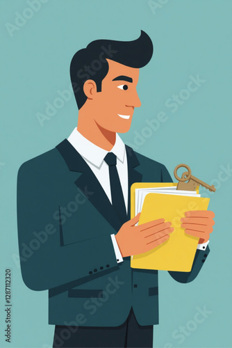 Businessman Securing Confidential Data with Key and Locked Folder, Representing Data Security and Privacy