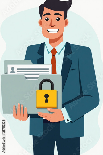 Businessman Securing Confidential Data with Key and Locked Folder, Representing Data Security and Privacy