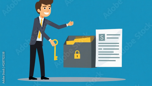 Businessman Securing Confidential Data with Key and Locked Folder, Representing Data Security and Privacy