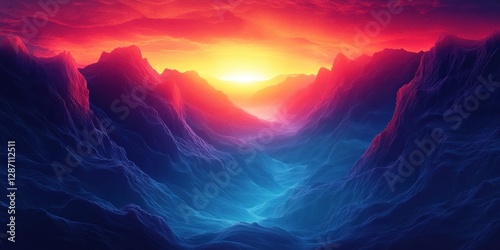 Vibrant Digital Art Depicting Surreal Mountainous Landscape with Fiery Sunset and Dramatic Colors Illustrating a Dreamlike Natural Scene