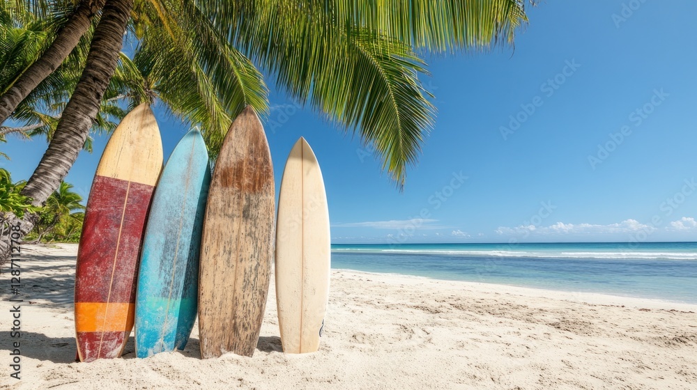 Tropical beach surfboards under palms Tropical beach surfboards under palms