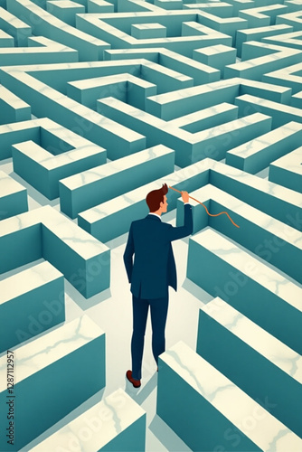 Businessman Solving Labyrinth Maze by Drawing Line to Overcome Challenges and Find Solutions in Corporate Environment