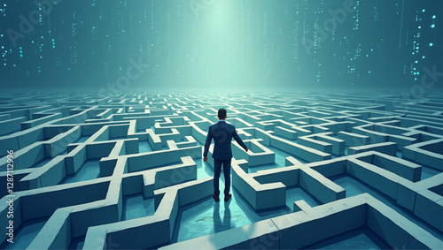 Businessman Solving Labyrinth Maze by Drawing Line to Overcome Challenges and Find Solutions in Corporate Environment
