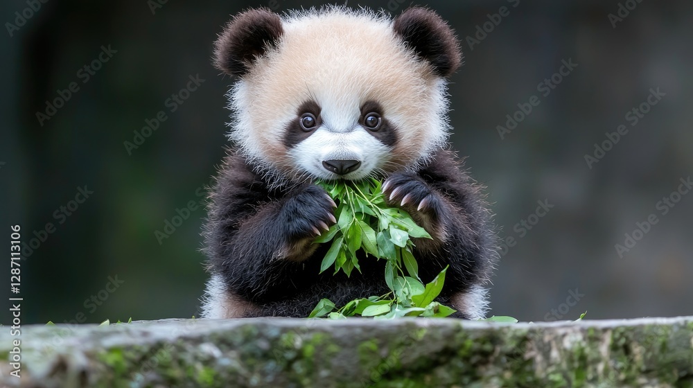 Fototapeta premium Baby panda eating bamboo leaves in a sanctuary