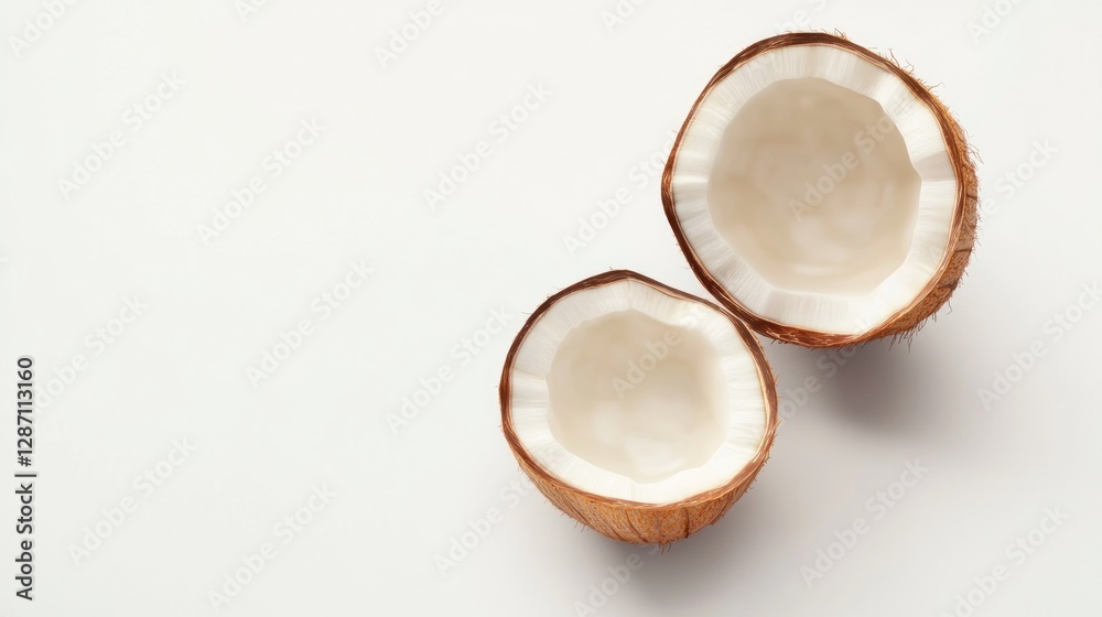 Two halves of coconut on white background. Food photography for recipe blogs, websites, etc Two halves of coconut on white background. Food photography for recipe blogs, websites, etc