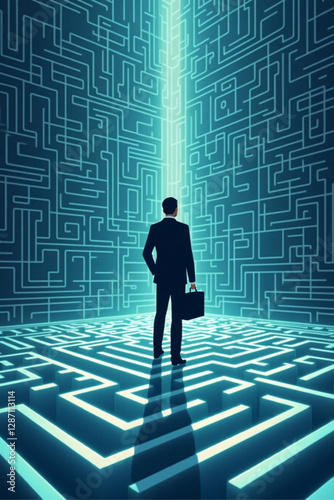 Businessman Solving Labyrinth Maze by Drawing Line to Overcome Challenges and Find Solutions in Corporate Environment