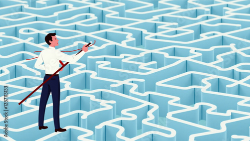 Businessman Solving Labyrinth Maze by Drawing Line to Overcome Challenges and Find Solutions in Corporate Environment