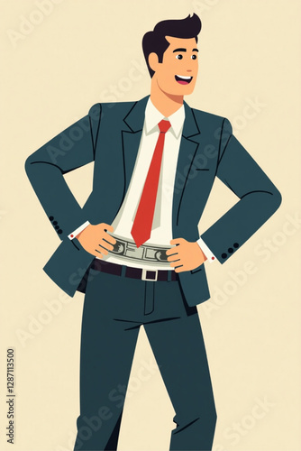 Businessman tightening budget belt, emphasizing financial savings and economic prudence in business management