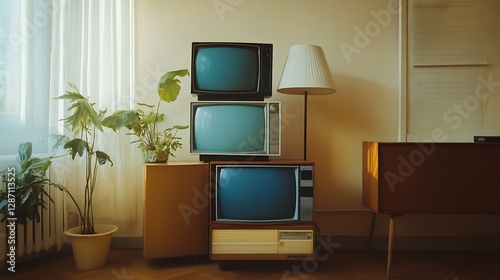 Stacked Retro TVs with Green Glow in a Room with Plant / 植物のある部屋で緑色に光る積み重ねられたレトロテレビ