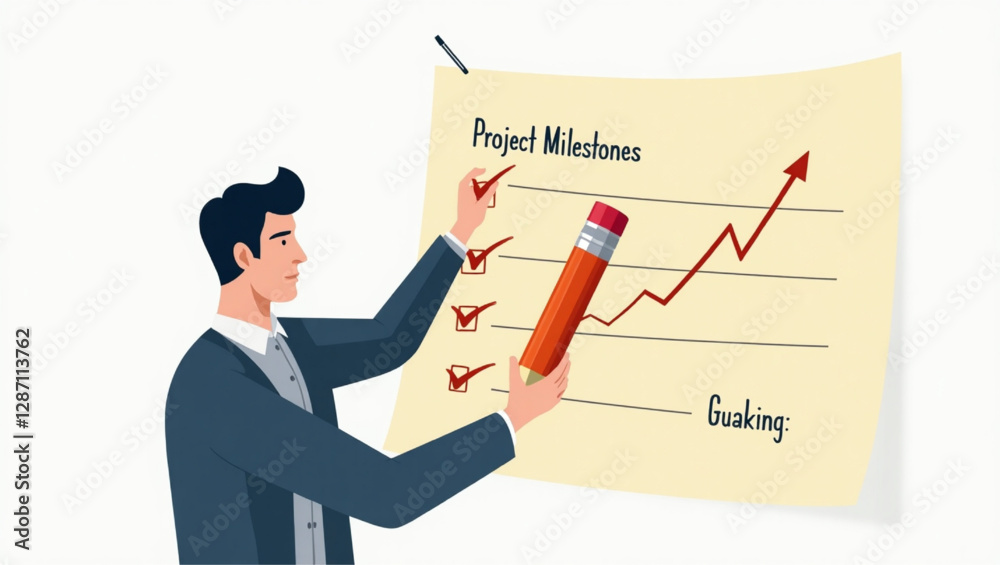 Businessman Tracking Project Milestones and Deadlines with Oversized Pencil Businessman Tracking Project Milestones and Deadlines with Oversized Pencil