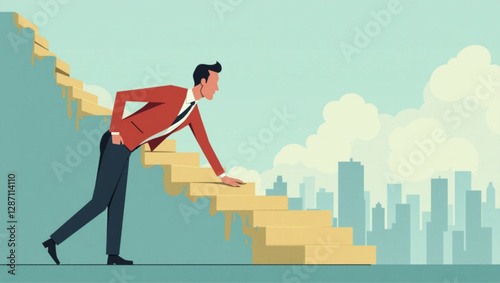 Businessman transitioning from old habits to new habits, choosing a new path, metaphor for personal growth and life change, stairway symbolism
