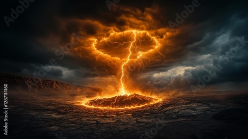 Dramatic volcanic eruption with a striking lightning bolt and fiery ash cloud. Generative AI photo