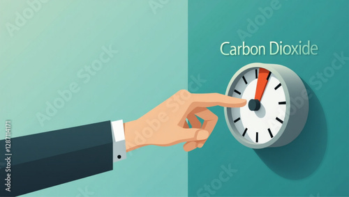 Businessman Turning Carbon Dioxide Knob to Minimum Position vector::9, reducing CO2 emissions and controlling environmental impact