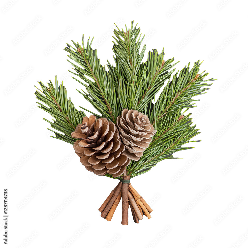 Fototapeta premium Festive pine arrangement with cones and cinnamon sticks on transparent