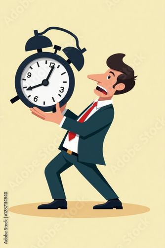 Businessman Under Time Pressure, Anxiety to Meet Deadline, Applying Vise Grip to Clock, Time Management Concept