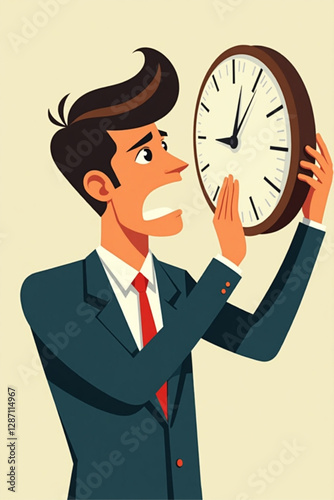 Businessman Under Time Pressure, Anxiety to Meet Deadline, Applying Vise Grip to Clock, Time Management Concept