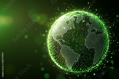 Digital model of Earth with green light and intricate connections portrays data flow and technology. The glowing effect highlights the significance of digital innovation and sustainability
