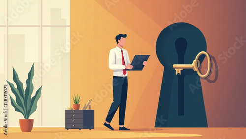 Businessman Unlocking Keyhole with Key to Solve Problems vector::9, finding solutions and answers to questions