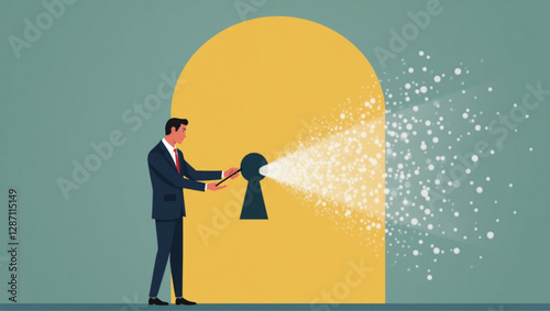 Businessman Unlocking Keyhole with Key to Solve Problems vector::9, finding solutions and answers to questions