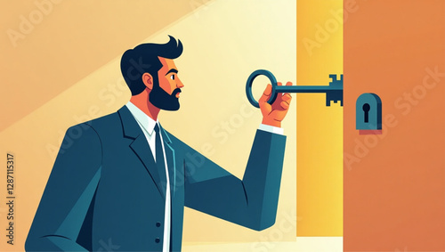 Businessman Unlocking Keyhole with Key to Solve Problems vector::9, finding solutions and answers to questions