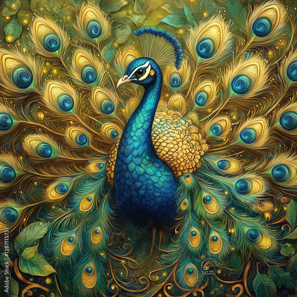 Fototapeta premium Vibrant Peacock Illustration with Lush Foliage