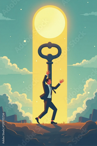 Businessman Unlocking Potential and Overcoming Limits with Giant Key in Motivational Concept