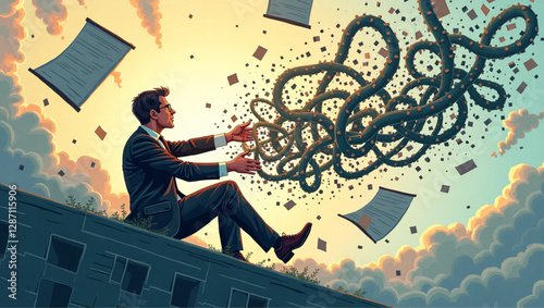 Businessman Untangling Complex Problems and Navigating Chaos to Find Effective Solutions