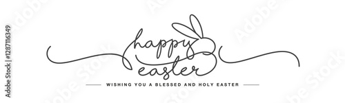 Happy Easter line design handwritten calligraphy typography lettering text with bunny on white background greeting card