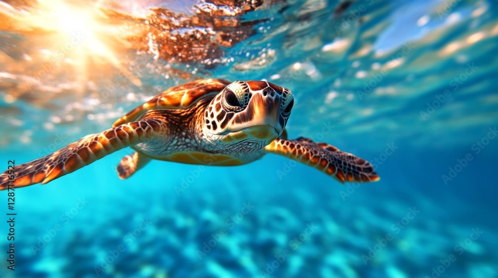 Obraz premium Sea turtle swimming in clear water untouched by plastic waste. Generative AI