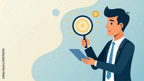 Businessman using magnifying glass to find solution, concept of problem-solving and root cause analysis in business