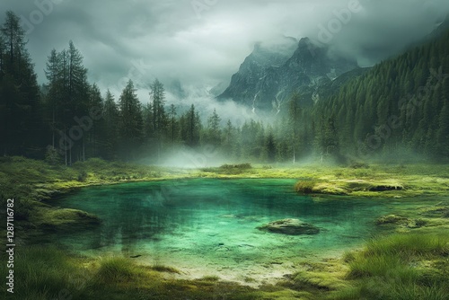 Tranquil green lake surrounded by misty mountains and dense forest in the morning light