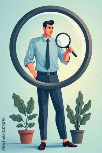 Businessman using magnifying glass to find solution, concept of problem-solving and root cause analysis in business