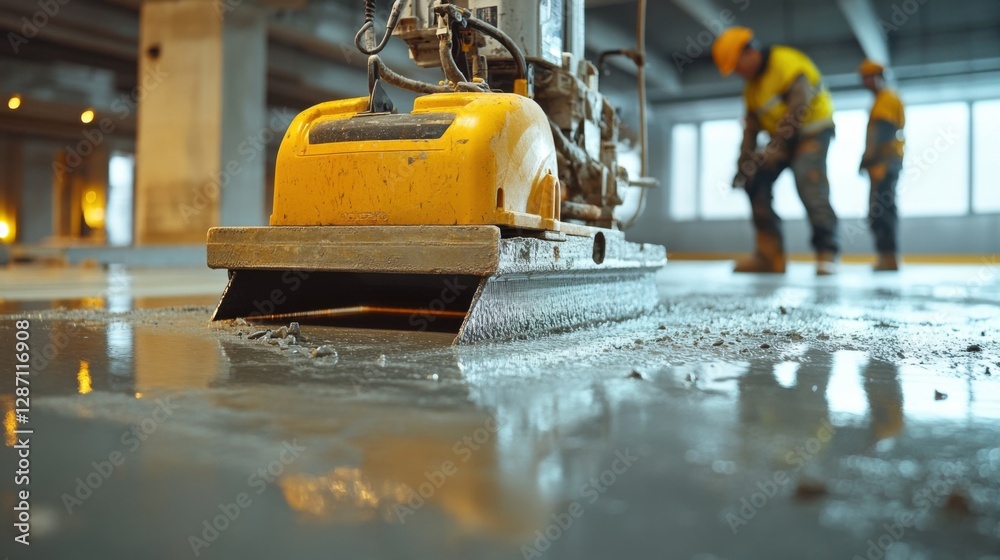 Fototapeta premium Construction site teamwork, workers using vibrating machine to level cement mortar, smooth floor preparation