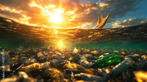 Sunset Overpolluted Ocean with Plastic and Waste in the Water. Generative AI photo