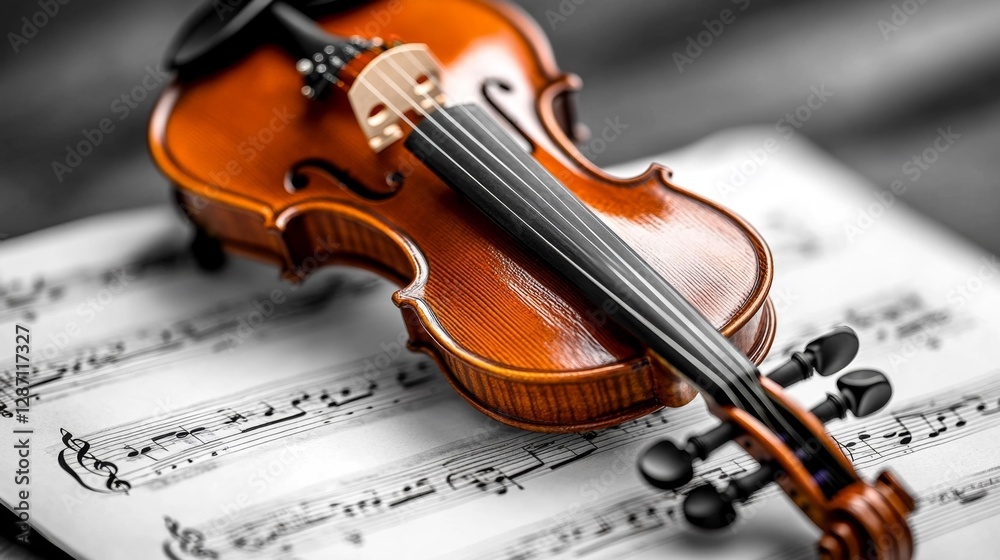 Violin Resting on Music Sheet in High Contrast Black and White. Generative AI Violin Resting on Music Sheet in High Contrast Black and White. Generative AI