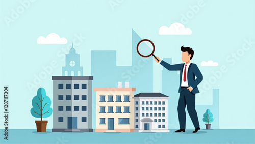 Businessman Using Magnifying Glass to Select Best Building for Company Expansion and Growth